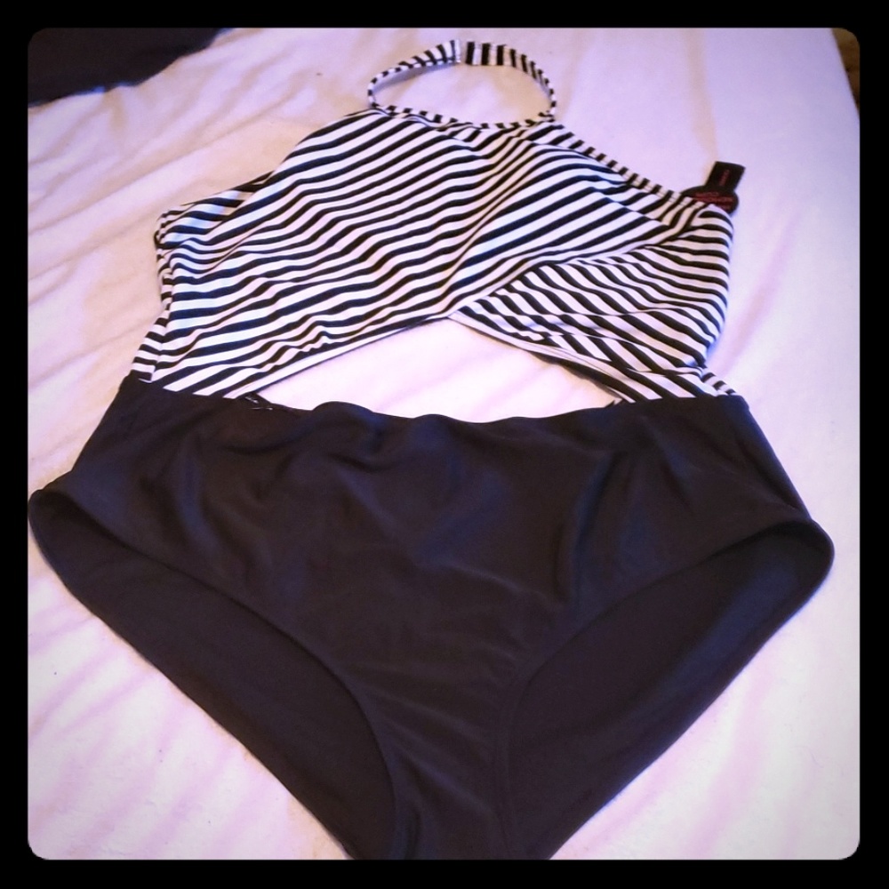 Black and white halter swimsuit